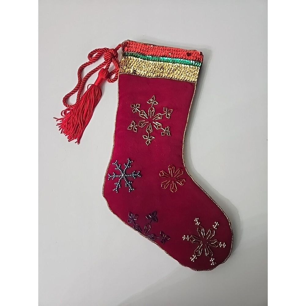 Beaded‎ Velvet CHRISTMAS STOCKING Ornaments Holly Gold Red Green 16"